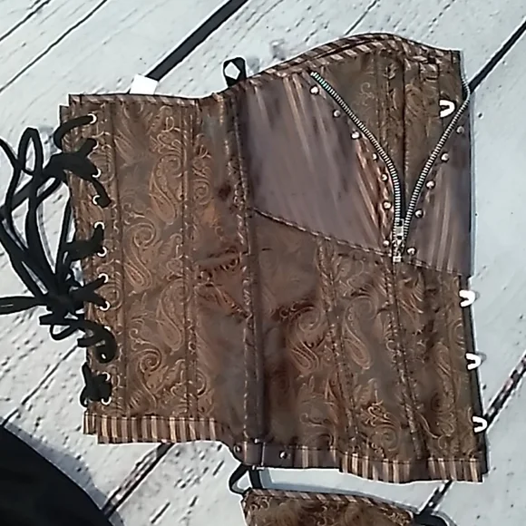 Steampunk Retro Brocade Victorian striped Corset Golden Brown - Picture 13 of 16
